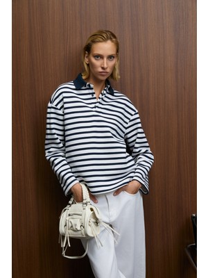 Grimelange MUSE Kadın Çizgili Triko Polo Yakalı Regular Fit Lacivert Sweatshirt