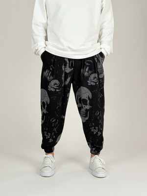 Cocopelli Erkek Siyah Kurukafa Desenli Pileli Relax Fit Şalvar Pantolon COC1096