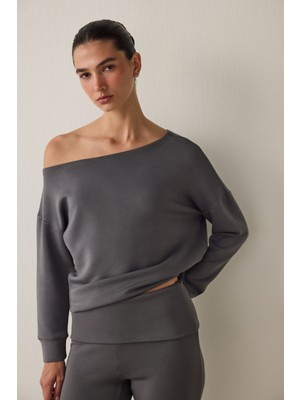 Penti Gri Kayık Yaka Modal Önü Açık Sweatshirt