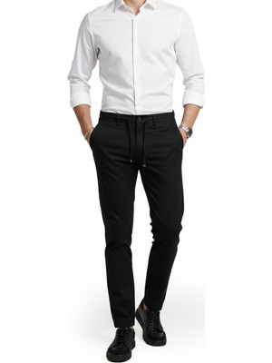Deepsea Siyah Esnek Kumaş Slim Fit Beli Lastikli Günlük Spor Pantolon 2601070