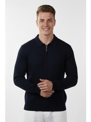 Deepsea Erkek Lacivert Slim Fit Polo Yaka Triko Kazak - Yumuşak Dokulu Esnek ve Şık Görünüm 2605305