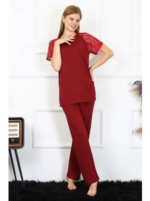 Marsilyan- Kadın Kolu Dantelli Penye Pijama Takım Bordo