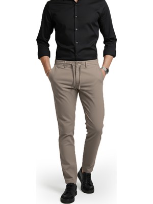 Deepsea Erkek Bej Likralı Gofre Kumaş Beli Lastikli Ipli Slim Fit Günlük Pantolon 2600650