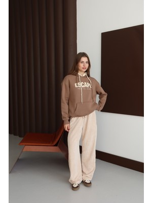 Fehu Bloom Kadın Kahverengi Kapüşonlu Oversize Sweatshirt