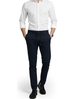 Deepsea Lacivert Esnek Kumaş Slim Fit Beli Lastikli Günlük Spor Pantolon 2601070