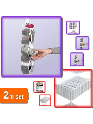Hereveoyuncak 5 x Dolap Içi Asılabilir Çorap Düzenleyici + 8 Bölmeli Xl Pratik Çekmece Organizer - 2li Set 58P8T8