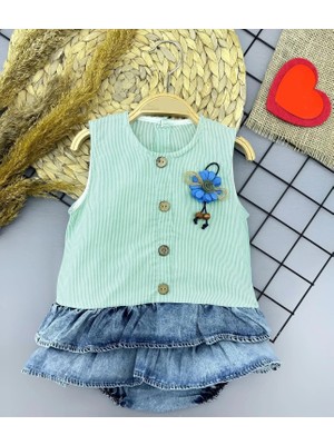 Venüs Shopping 6-9-12-18 Ay Gül Rozet Detaylı Kot Kilotlu Etek Kız Bebek Elbisesi Yeşil