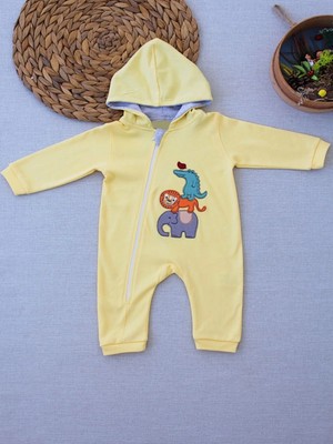 Venüs Shopping 6-9 9-12 Ay Ef Çizgi Boy Fermuarlı Hayvanlar Alemi Nakışlı Kapşonlu Kız Erkek Bebek Tulumu Sarı