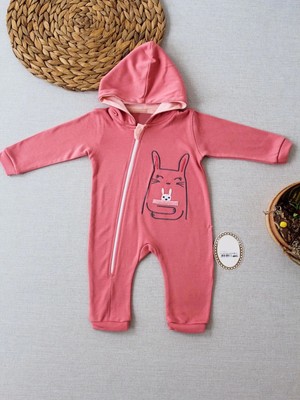 Venüs Shopping 6-9 9-12 Ay Ef Çizgi Boy Fermuarlı Tavşan Nakışlı Kapşonlu Kız Erkek Bebek Tulumu Gül Kurusu