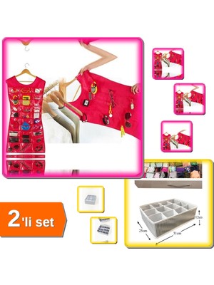 Hereveoyuncak Elbise Şeklinde Takı Organizeri - Pembe + 12 Bölmeli Pratik Çekmece Düzenleyici - 2li Set 3ALJ5V