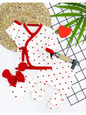 Venüs Shopping 0-3 Ay Piti Kalp Desenli Şapkalı Patikli 3lü Kız Bebek Takımı Ekru