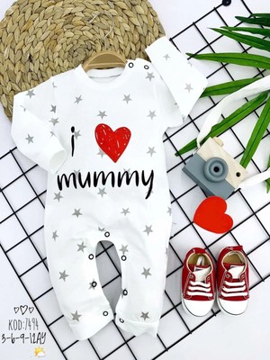 Venüs Shopping 3-6-9-12 Ay Gümüş Yıldız I Love Mummy Baskılı Uzun Kollu Kız Erkek Bebek Tulumu Beyaz