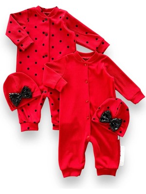 Venüs Shopping 0-3 3-6 6-9 Ay Payetli Şapka Çıtçıt Kapamalı Puantiyeli ve Düz 2 Li Kombin Kız Bebek Tulumları Kırmızı