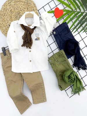 Venüs Shopping 9-12-18-24 Ay ve 3-4-5 Yaş Fularlı Pamuk Keten Gömlekli Pantolonlu 3lü Erkek Bebek Takımı Bej