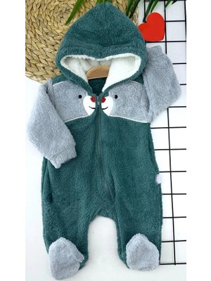 Venüs Shopping 6-9-12-18 Ay Boydan Fermuarlı Welsoft Tüylü Kumaş Kapşonlu Patikli Kız Erkek Bebek Tulumu Petrol Mavisi