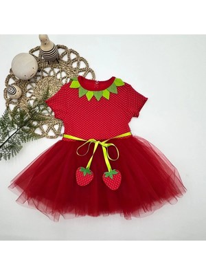Venüs Shopping 1-2-3 Yaş Çilek Bebekler Baskılı Çilek Kuşaklı Astarlı Kız Bebek Tütü Elbise Kırmızı