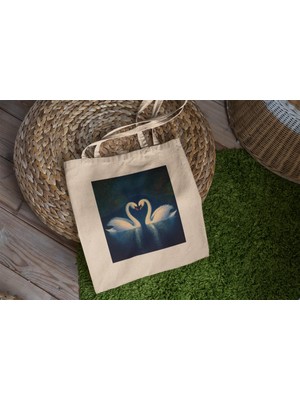 Ninastore Kalp Şeklinde Iki Kuğu - Estetik Tote Çanta, Tote Çanta, Şirin Tote Çanta, Kanvas Çanta, Tote Çanta Hediyesi, En Iyi Tote Çanta, Kuğu Tote Çanta