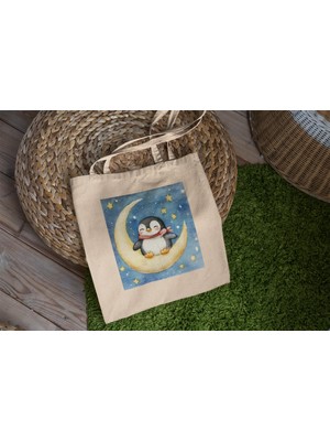 Ninastore Ay'da Oturan Penguen - Şirin Tote Çantalar, Tote Çanta, Kitap Çantası, Estetik Tote Çanta, Kitap Çantası, Alışveriş Çantası, Hediye Tote Çanta, Tote Çanta