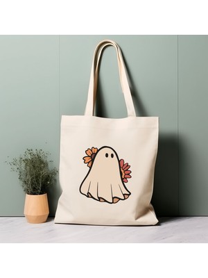 Ninastore %100 Pamuklu Tote Çanta, Sevimli Hayalet. Çevre Dostu, Estetik Alışveriş Çantası, Ömür Boyu Kullanabileceğiniz Çanta.