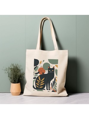 Ninastore Kedi Illüstrasyonlu Tote Çanta, Matisse'den Ilham Alan, %100 Pamuklu, Çevre Dostu Alışveriş Çantası, Ömürlük Çanta