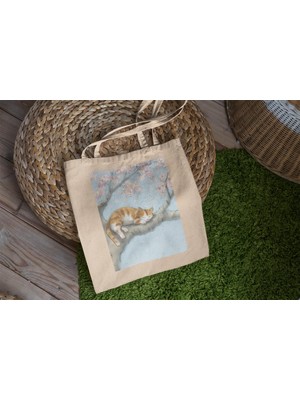 Ninastore Turuncu Kitty Tree Tote Çanta - Sevimli Tote Çanta, Tote Çanta, Estetik Tote Çanta, Kanvas Tote Çanta, Kitap Çantası, Alışveriş Çantası, Hediye Tote Çanta