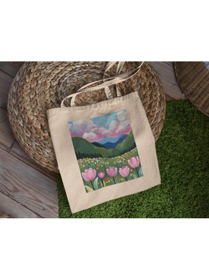 Ninastore Pembe Lale Dağ Tote Çantası - Şirin Tote Çanta, Estetik Tote Çanta, Kitap Çantası, Kanvas Çanta, Estetik Tote Çanta, En Iyi Tote Çantalar
