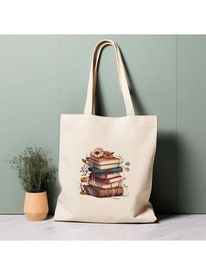 Ninastore %100 Pamuklu Tote Çanta, Kitapsever, Kitap Yığını. Çevre Dostu Alışveriş Çantası, Ömür Boyu Kullanabileceğiniz Çanta.