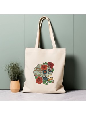 Ninastore %100 Pamuklu Tote Çanta, Şeker Kafatası. Çevre Dostu Alışveriş Çantası, Ömür Boyu Kullanabileceğiniz Çanta.