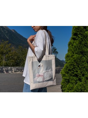Ninastore Pembe Coquette Kuğu - Sevimli Tote Çanta, Tote Çanta, Kitap Çantası, Estetik Tote Çanta, Kuğu Tote Çanta, Pembe Çanta