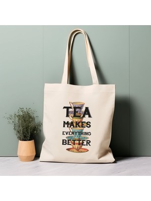 Ninastore %100 Pamuklu Tote Çanta, Çay Her Şeyi Daha Güzel Hale Getirir. Çevre Dostu Alışveriş Çantası, Ömür Boyu Kullanabileceğiniz Çanta