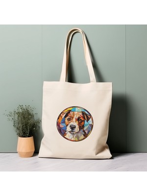 Ninastore Jack Russell Köpek Çantası, Vitray Tasarım, %100 Pamuklu Çevre Dostu Alışveriş Çantası, Ömürlük Çanta