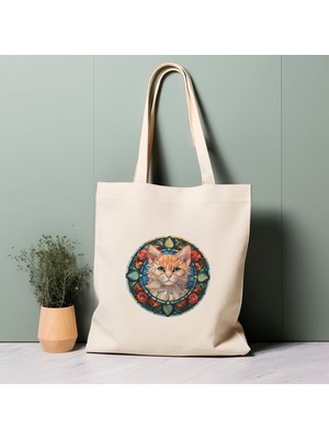 Ninastore Vitray Kedi Tote Çantası, Zencefil ve Beyaz, %100 Pamuklu Çevre Dostu Alışveriş Çantası, Ömürlük Çanta
