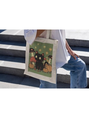 Ninastore Ürkütücü Sonbahar Kedi Tote Çantası - Cadılar Bayramı Tote Çantası, Sonbahar Tote Çantası, Sevimli Tote Çantası,