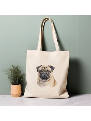 Ninastore Pug Köpek Tote Çantası, Suluboya Köpek, %100 Pamuklu Çevre Dostu Alışveriş Çantası, Ömürlük Çanta