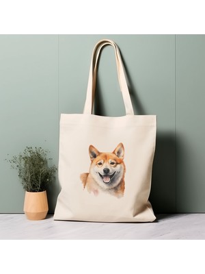 Ninastore Shiba Inu Köpek Çantası, Suluboya Köpek, %100 Pamuklu Çevre Dostu Alışveriş Çantası, Ömürlük Çanta