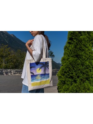 Ninastore Sunset Palms Tote Çanta - Şirin Tote Çanta, Tote Çanta, Estetik Tote Çanta, Estetik Tote Çanta, Kanvas Çanta, Alışveriş Çantası, Kitap Çantası, Plaj Tote Çantası