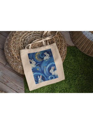 Ninastore Beyaz Tavşan Yıldız Girdap Tote Çanta - Sevimli Tote Çanta, Estetik Tote Çanta, Hediye Tote Çanta, Kanvas Çanta, Kitap Çantası, Tote Çanta, Hediye Tote Çanta