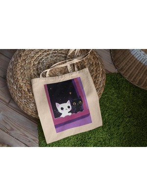 Ninastore Beyaz Kedi ve Siyah Kedi Tote Çantası - Sevimli Tote Çanta, Tote Çanta, Kitap Çantası, Estetik Tote Çanta, Estetik Tote Çanta, Alışveriş Çantası, Kedi Tote Çantası