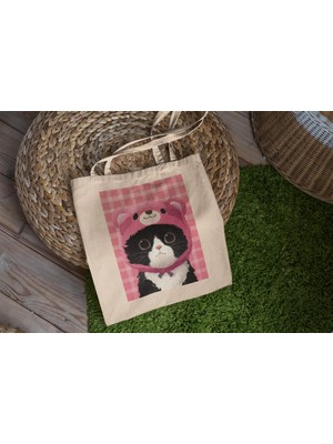 Ninastore Pembe Ayı Şapkalı Kedi Tote Çanta - Şirin Tote Çanta, Estetik Tote Çanta, Hediye Tote Çanta, En Iyi Tote Çanta, Kanvas Çanta, Hediye Tote Çanta