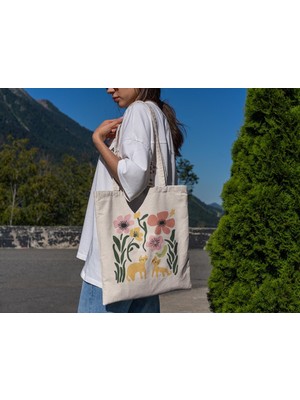 Ninastore Kedi ve Çiçek Desenli Estetik Tote Çanta - Kadınlar Için Pamuklu Kanvas Plaj Çantası, Yeniden Kullanılabilir Alışveriş Çantası, Çevre Dostu Alışveriş Çantası, Botanik Desenli
