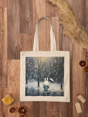 Ninastore Sınırlı Süreli Mavi Tavşanlı Tote Çanta - Cottagecore, Şirin Tote Çantalar, Estetik Kitap Çantası, Tavşanlı Kitap Çantası