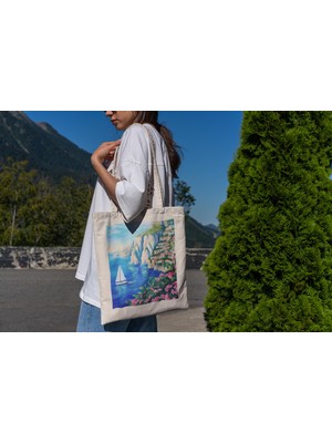 Ninastore Amalfi Sahili Tote Çantası - Estetik Tote Çanta, Şirin Tote Çantalar, Estetik Tote Çanta, Kanvas Çanta, Hediye Tote Çanta, En Iyi Tote Çantalar