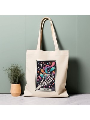 Ninastore Tarot Kartı Tote Çantası, Çay, Iskelet, Uzay, Yıldızlar, %100 Pamuklu Tote Çanta. Çevre Dostu, Estetik Alışveriş Çantası, Ömür Boyu Kullanabileceğiniz Çanta.
