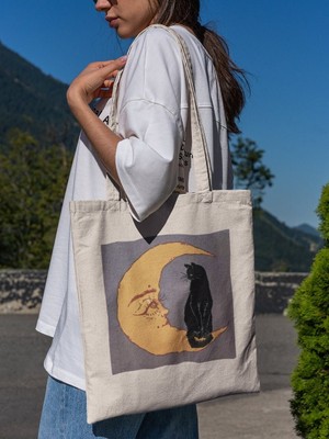 Ninastore Kedi ve Ay Tote Çantası - Cottagecore Tote Çantası, Şirin Tote Çantası, Rahat Tote Çantası