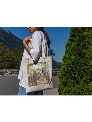 Ninastore Sevimli Çiçekli Kız ve Ayı Tote Çanta - Sevimli Tote Çanta, Estetik Tote Çanta, Coquette Tote Çanta