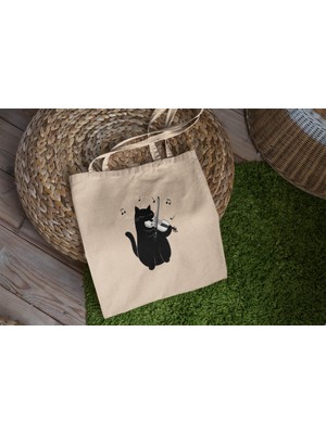 Ninastore Kedi Keman Tote Çantası - Estetik Tote Çanta, Sevimli Tote Çanta, Kanvas Çanta, Kitap Çantası, Alışveriş Çantası, En Iyi Tote Çanta, Hediye Tote Çanta, Kedi Tote Çantası