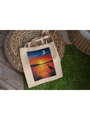 Ninastore Gün Batımı Balıkçıl Tote Çantası - Şirin Tote Çantalar, Tote Çanta, Estetik Tote Çanta, Estetik Tote Çanta, Balıkçıl Tote Çanta, Kitap Çantası, Alışveriş Çantası