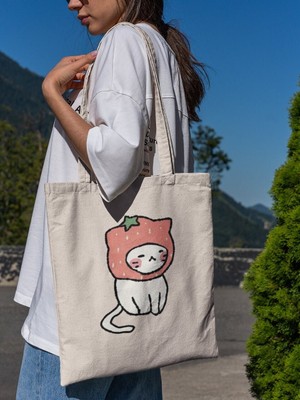 Ninastore Çilek Kedi Tote Çantası - Sevimli Tote Çanta, Kawaii Tote Çanta, Coquette Tote Çanta