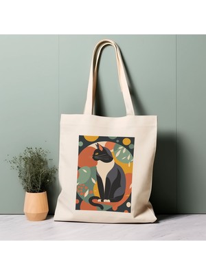 Ninastore Kedi Illüstrasyonlu Tote Çanta, Matisse'den Ilham Alan, %100 Pamuklu, Çevre Dostu Alışveriş Çantası, Ömürlük Çanta