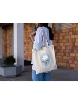 Ninastore Mavi Çiçekli Tote Çanta - Estetik Tote Çanta, Sevimli Tote Çantalar, Kitap Çantası, Tote Çanta, Alışveriş Çantası, Kanvas Çanta